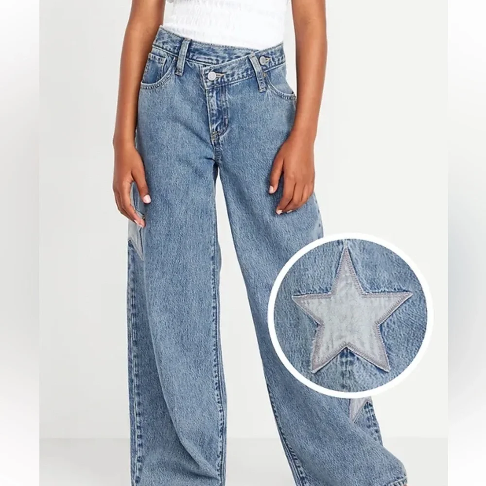 Old Navy High Rise Super Baggy Wide Leg Star Patch Denim Blue Jeans Girls size 8